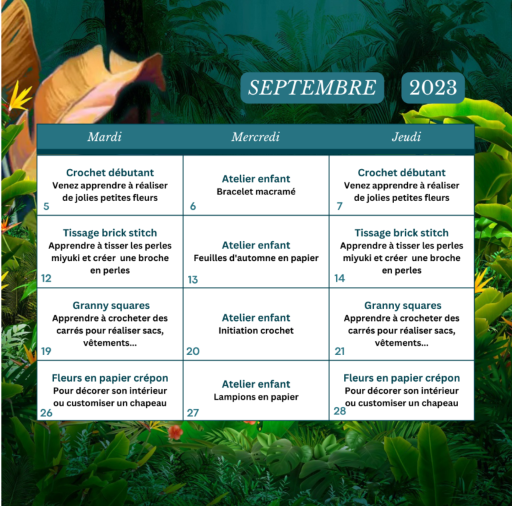 KAKAPO calendrier des ateliers créatifs septembre 2023
