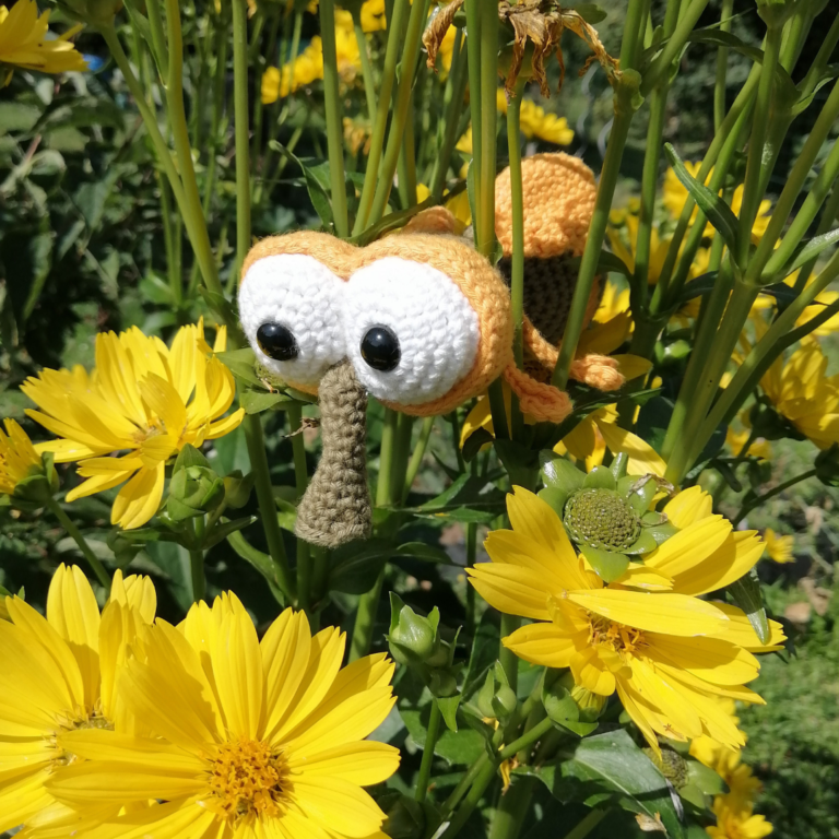 Kuki la mouche amigurumi posée sur des fleurs jaunes éclatantes.