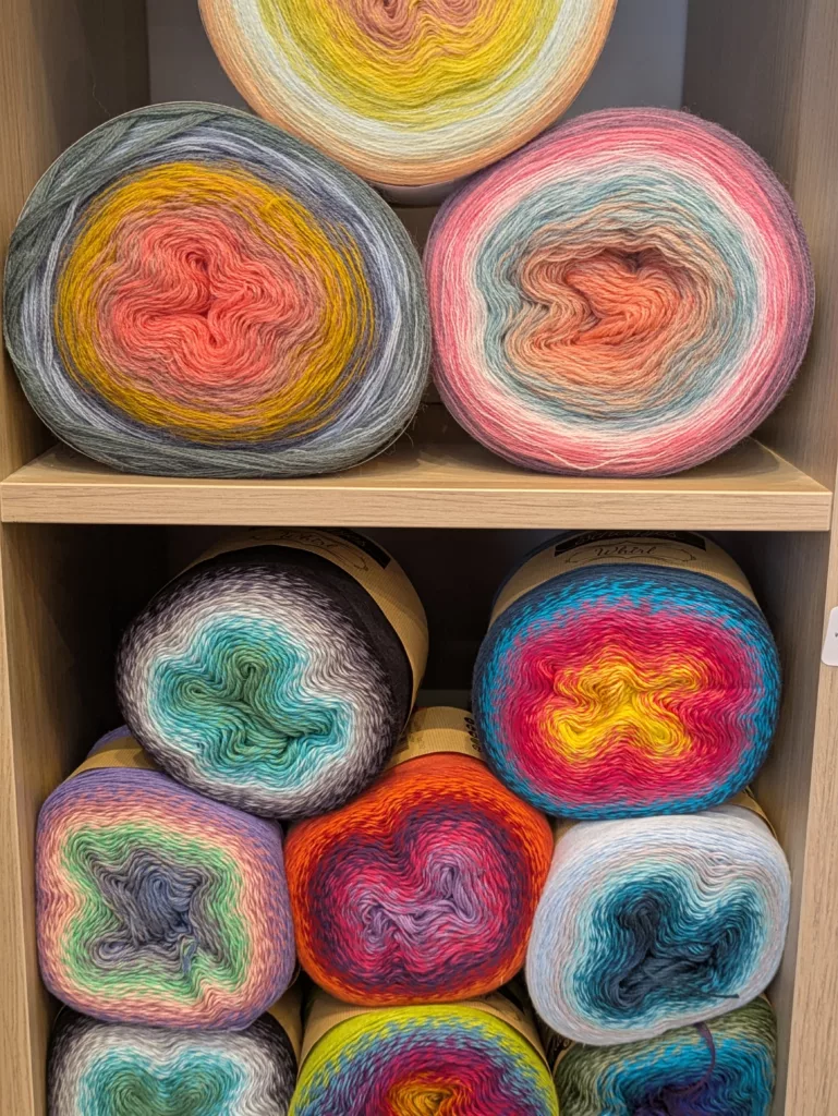 Pelotes de laine format cake avec dégradés de couleurs pour châles et vêtements au crochet, Kakapo Store Marseille.