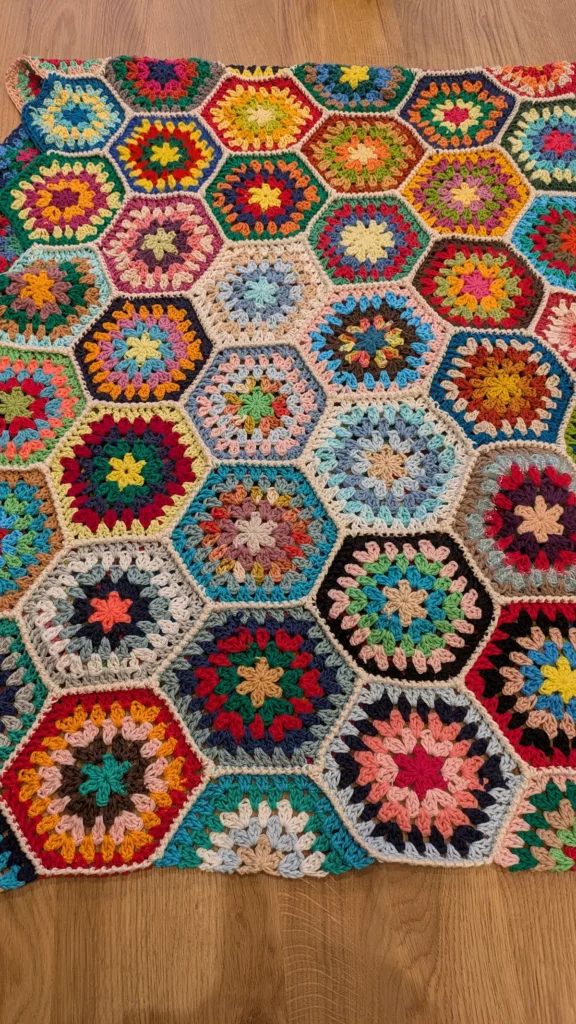 Projet collaboratif de yarn bombing à Marseille : grannys hexagonaux en crochet pour décorer un arbre devant la boutique Kakapo.