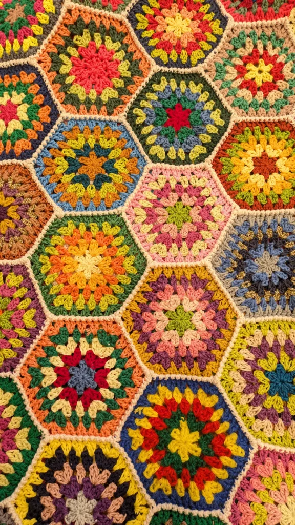 Assemblage de nombreux grannys hexagonaux en crochet multicolores formant une couverture destinée au yarn bombing de la boutique Kakapo à Marseille.